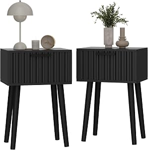 YMYNY Fluted Nightstand Set of 2, Small End Table, Modern Coffee Table with Drawer, Solid