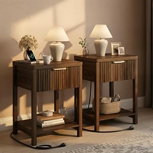 Lulive Night Stand Set 2, Fluted Nightstand with Charging Station, Wood Modern Bedside End