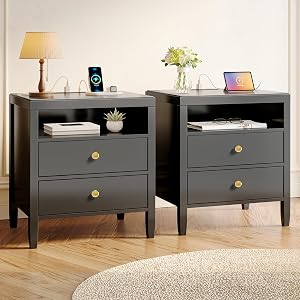 Huuger Black Nightstand Set of 2, Night Stand with Charger Station, Bedside Table with 2 D