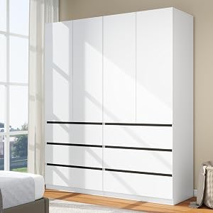 LABROSKIA Bedroom Armoire Wardrobe Closet with 6 Drawers: White Wardrobe Closet with 4 Doo