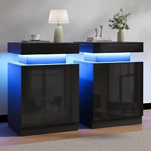 OneBlis Nightstands Set 2, 15 Inches LED Night Stand Set of 2, Modern Bedside Table with L