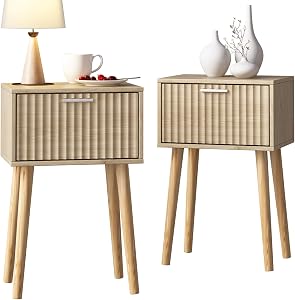 LAATOOREE Nightstands Set of 2, Small Side Table, Bedside Table with Fluted Door, Solid Wo