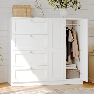 VOWNER Armoire Wardrobe Closet with 4 Drawers and 2 Doors, 43''H Clothing Storage Cabinet