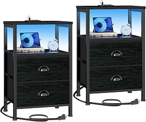 Furologee Nightstands Set of 2, End Tables with Charging Station and LED Lights, Black Nig
