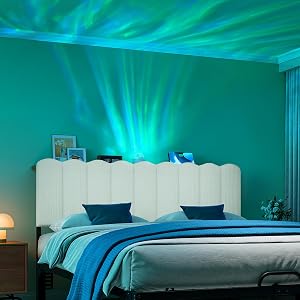 Pinmoco Queen Headboard with Aurora Lights, Striped Velvet Scalloped Upholstered Headboard