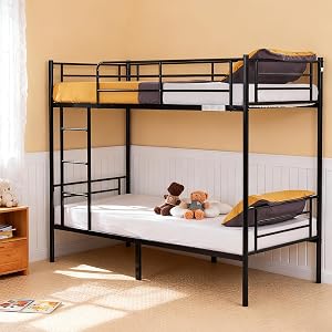 Karl home Black Bunk Bed Twin Over Twin, Metal Bunk Bed with Built-in Ladder and Safety Gu