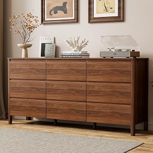 Furniway 63" Mid-Century Modern Dresser for Bedroom, 9 Drawer Wide Chest of Drawers w