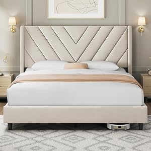 Yaheetech Queen Bed Frame Upholstered Platform Bed/Wooden Slat Support/Tufted Headboard wi