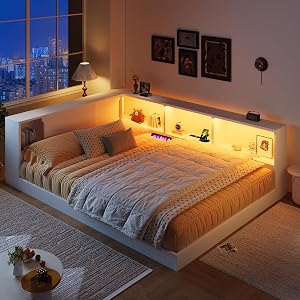 Virubi Queen Size Wood Daybed with Storage Shelves, USB Charging & LED Light – Sturdy