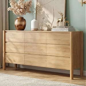 CHUWELL 63" Wide Oak Dresser for Bedroom, Mid Century Modern 9 Drawer Chest of Drawer