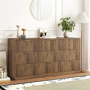 Sscaktu Walnut 9 Drawer Dresser for Bedroom, 63" Wide Wood Chest of Drawers, Modern F