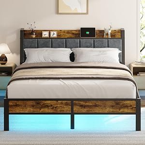 Liians Queen Size Bed Frame with Wood Headboard, Metal Platform Bed with USB Charging Stat