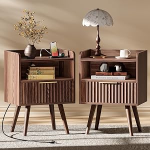 Huuger Nightstand with Charging Station, USB-C Port, Fluted Night Stand Set of 2, Bed Side