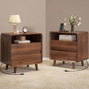 Nasonet Night Stand Set 2 with Charging Station, 23.7'' Wide Mid Century Modern Nightstand