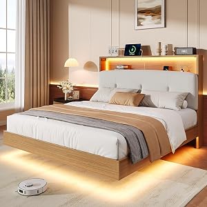 Einhomn Floating Bed Frame Queen with 2-Tier Storage Linen Fabric Upholstered Headboard, W