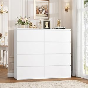 FINETONES 8 Drawer Dresser for Bedroom, White Dresser Double Chest of Drawers, Modern Wood