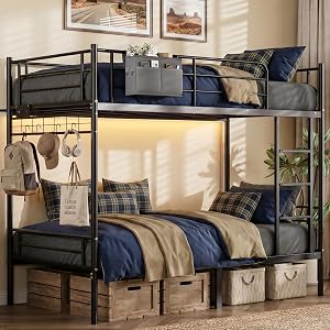 SOWIK Bunk Bed,Bunk Bed Twin Over Twin with Power Outlet and LED Lights,Heavy-Duty Safety 