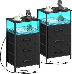 JARHETUN Night Stand Set 2 with Charging Station, 3 Drawer Nightstands with LED Lights, En