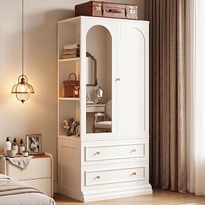 LIKIMIO Armoire Wardrobe Closet with Full Length Mirror, 3 Open Shelves, 71" Freestan