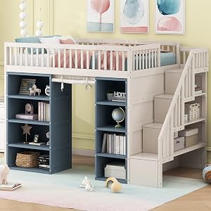 GDFStudio Full Size Loft Bed with 2 Four-Layer Storage Cabinets, Storage Staircase and Cur