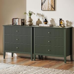 May in Color Large Green Fluted 3 Drawer Dresser Set of 2, Chest of Drawers with Ball Bear