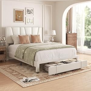 viplov Queen Bed Frame with Storage Drawers, Upholstered Queen Size Platform Bed with 47&q