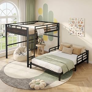IZLKQC Queen Over Queen Bunk Bed, Convertible Metal Frame with Safety Rails, Can Separate 