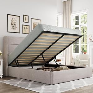 Allewie Queen Size Lift Up Storage Bed, Modern Wingback Headboard, Hydraulic Support, No B