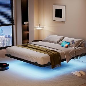 qimamo Floating Queen Bed Frame, 14 Inch Metal Platform Bed with Smart LED Lights & Ch