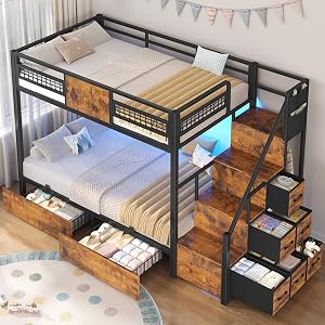 BTHFST Bunk Bed Twin Over Twin with Stairs, LED Lights Twin Bunk Bed with 2 Storage Drawer