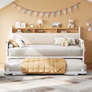 LIKIMIO Daybed with Trundle, Twin Bed Frame with Upholstered Headboard and Charging Statio