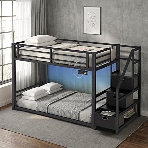 Twin Over Twin Metal Bunk Bed with Storage Stairs, Drawers & Shelves, Power Outlet and