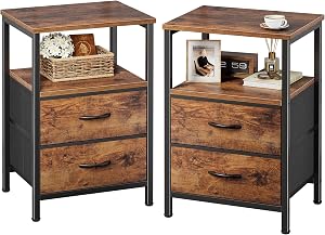 Huuger Night Stand Set 2, Nightstand with 2 Drawers, Bed Side Table with Open Shelf, Woode