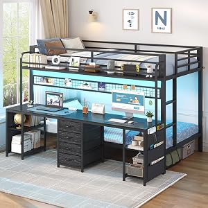 ADORNEVE Bunk Bed Twin Over Twin with 2 Person Desk, LED Lights Twin Bunk Bed with 4 Drawe