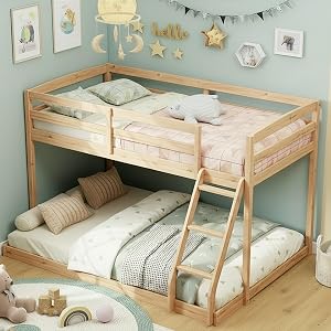 KOMFOTT Low Bunk Bed Twin Over Full, Solid Wood Twin Bed Frame with Built-in Ladder & 
