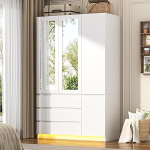 75"H Tall Modern 3 Doors Wooden Armoire Wardrobe Closet with 3 Drawers & 2 Mirror