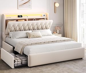 Queen LED Velvet Bed Frame with 2 Storage Drawers&Hidden Headboard, Upholstered Platfo
