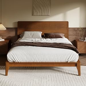 Merax Queen Size Bamboo Platform Bed, Mid-Century Modern Bed Frame with Tall Headboard, So