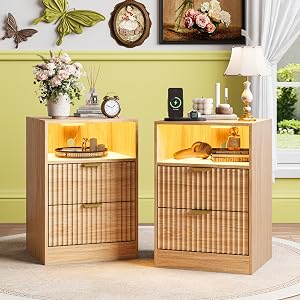 yesasin Night Stand Set 2, LED Nightstand with Charging Station, Fluted Nightstands Set of