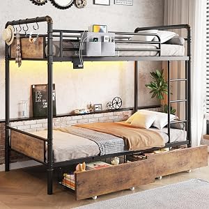 Jocoevol Metal LED Bunk Bed Twin Over Twin with 2 Storage Drawers, USB Charging Station, I