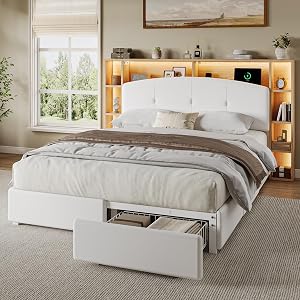 Einhomn Queen Bed Frame with 5-Tier Storage Headboard & 4 Large Drawers, Curved Velvet