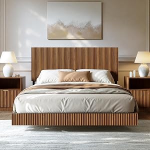 Evermagin Walnut Queen Floating Bed Frame with Headboard, Mid Century Modern Fluted Platfo